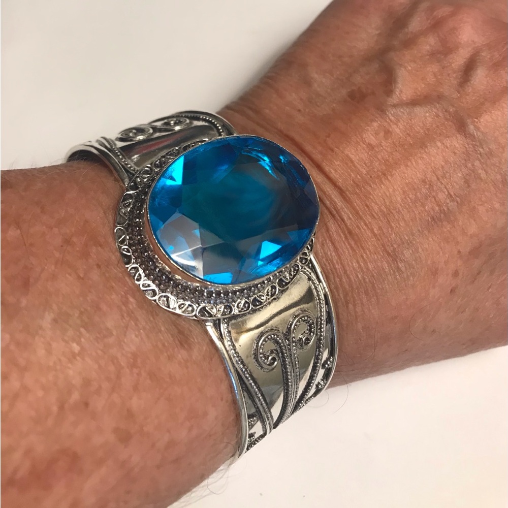 Blue Topaz Stamped 925 Sterling Silver Cuff Bracelet